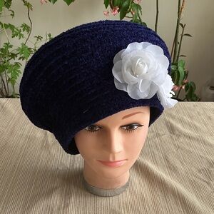 Elegant Navy Blue Chenille Beret with White Flower Accent